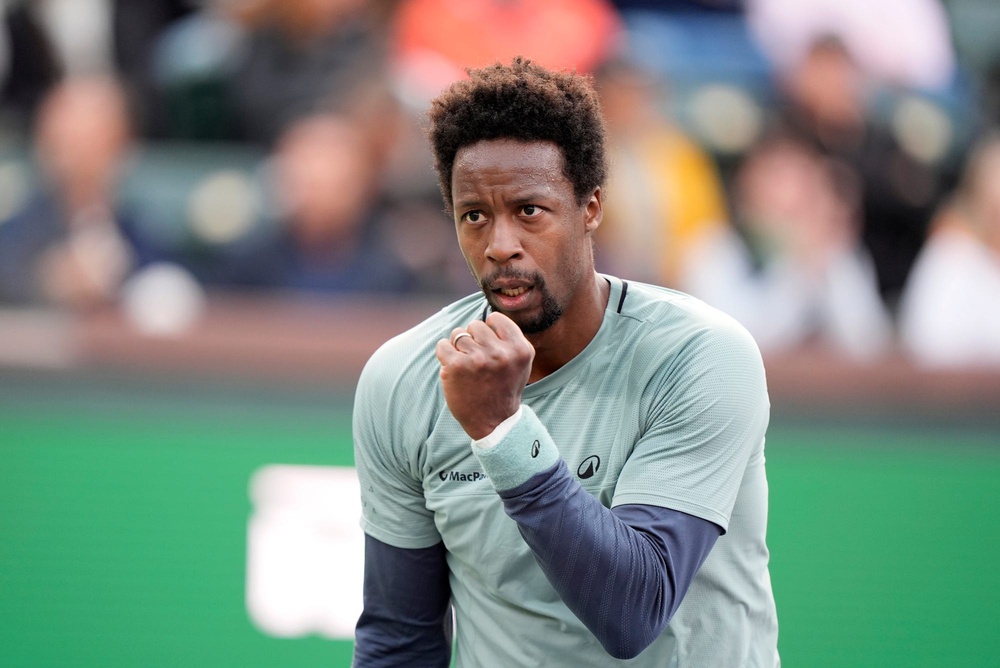 Syndication: Desert Sun Gael Monfils celebrates a win over Jan-Lennard Struff at the 2025 BNP Paribas Open in Indian Wells.