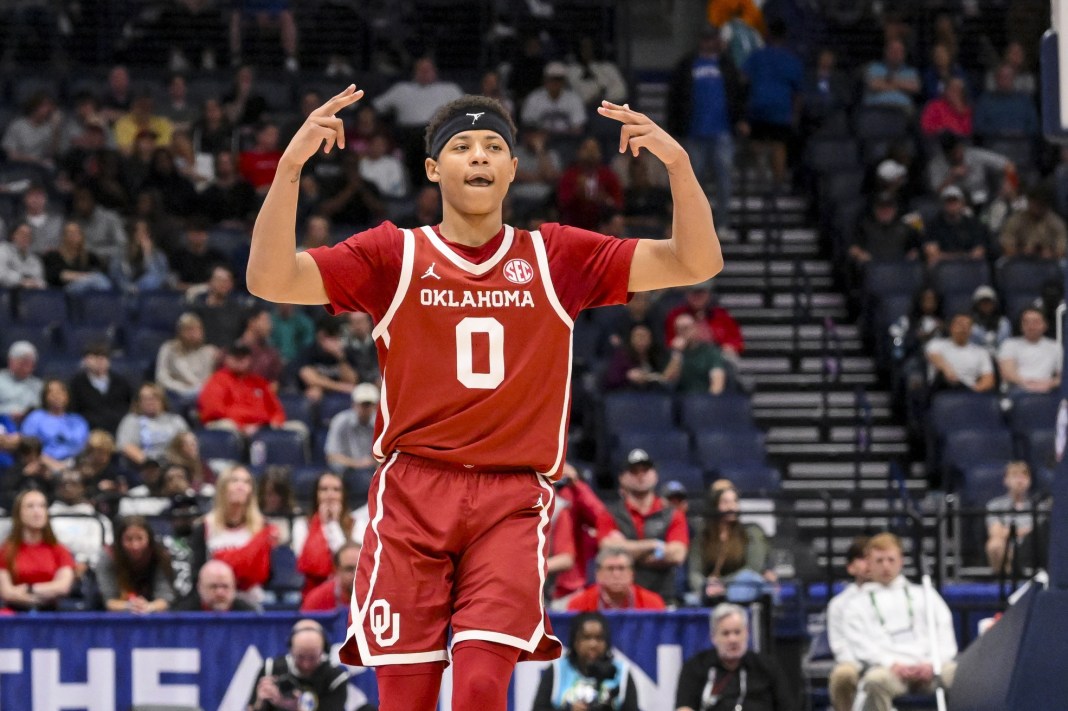 Oklahoma guard Jeremiah Fears celebrates a made three during the 2024-25 college basketball season.