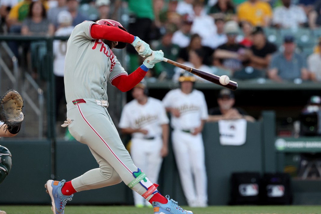 Philadelphia Phillies first baseman Bryce Harper (3) grounds out during the third inning of the game against the Athletics at Sutter Health Park in West Sacramento, California, on May 23, 2025.