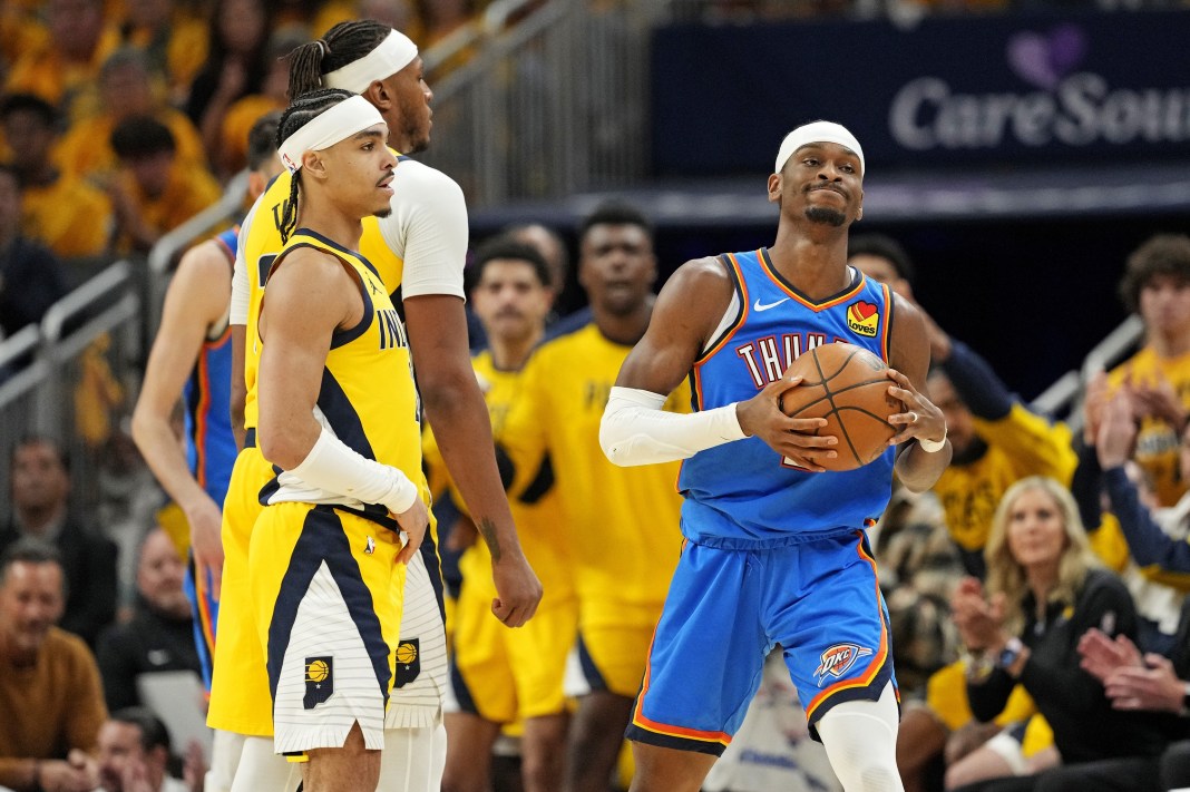 Thunder star Shai Gilgeous-Alexander shows some frustration during a Game 4 meeting with the Pacers in the 2024-25 NBA Finals.