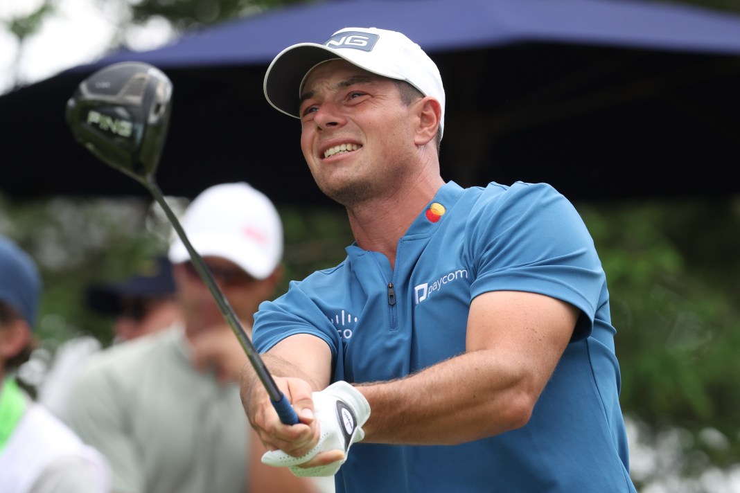 Viktor Hovland admires a shot at the 2025 US Open.