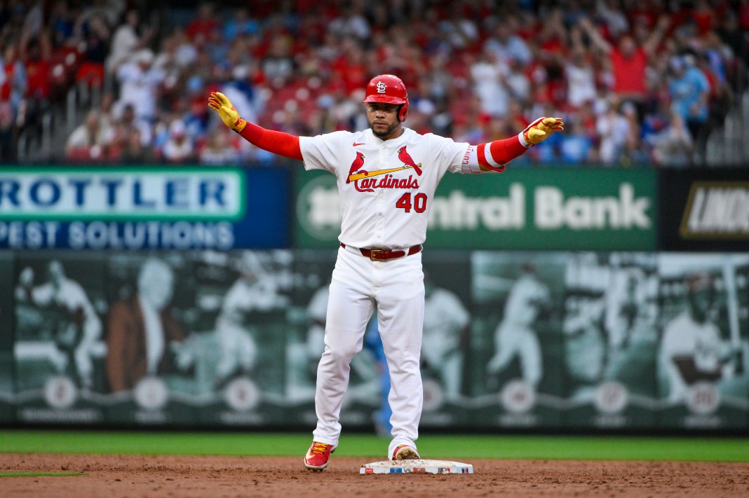 St. Louis Cardinals first baseman Willson Contreras (40) reacts after hitting a two-run double during the third inning of the game against the Kansas City Royals at Busch Stadium in St. Louis, Missouri, on June 5, 2025.