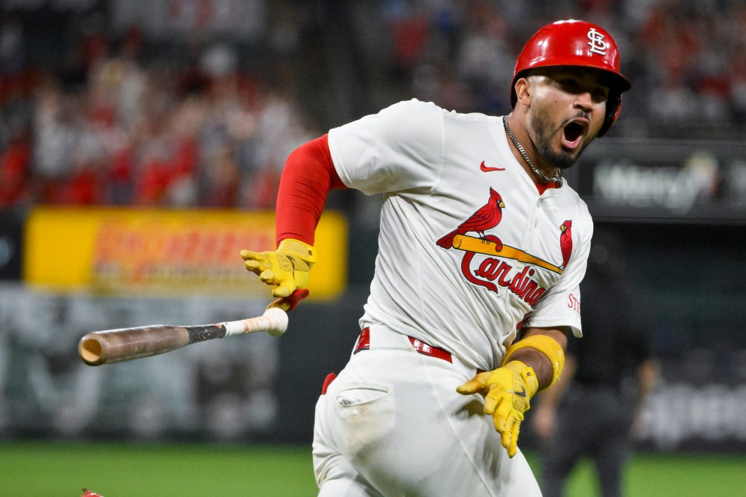 St. Louis Cardinals catcher Ivan Herrera (48) tosses his bat after hitting a three-run home run during the eighth inning of the game against the Toronto Blue Jays at Busch Stadium in St. Louis, Missouri, on June 9, 2025.