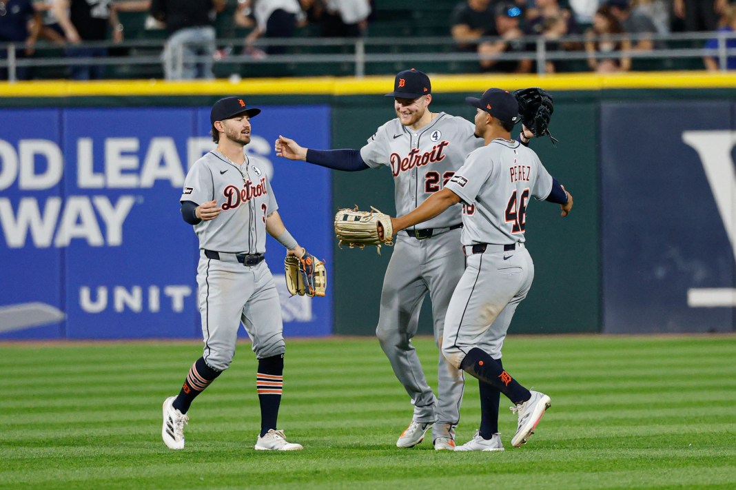 Detroit Tigers players celebrate after defeating the Chicago White Sox in a baseball game at Guaranteed Rate Field in Chicago, Illinois, on June 2, 2025.