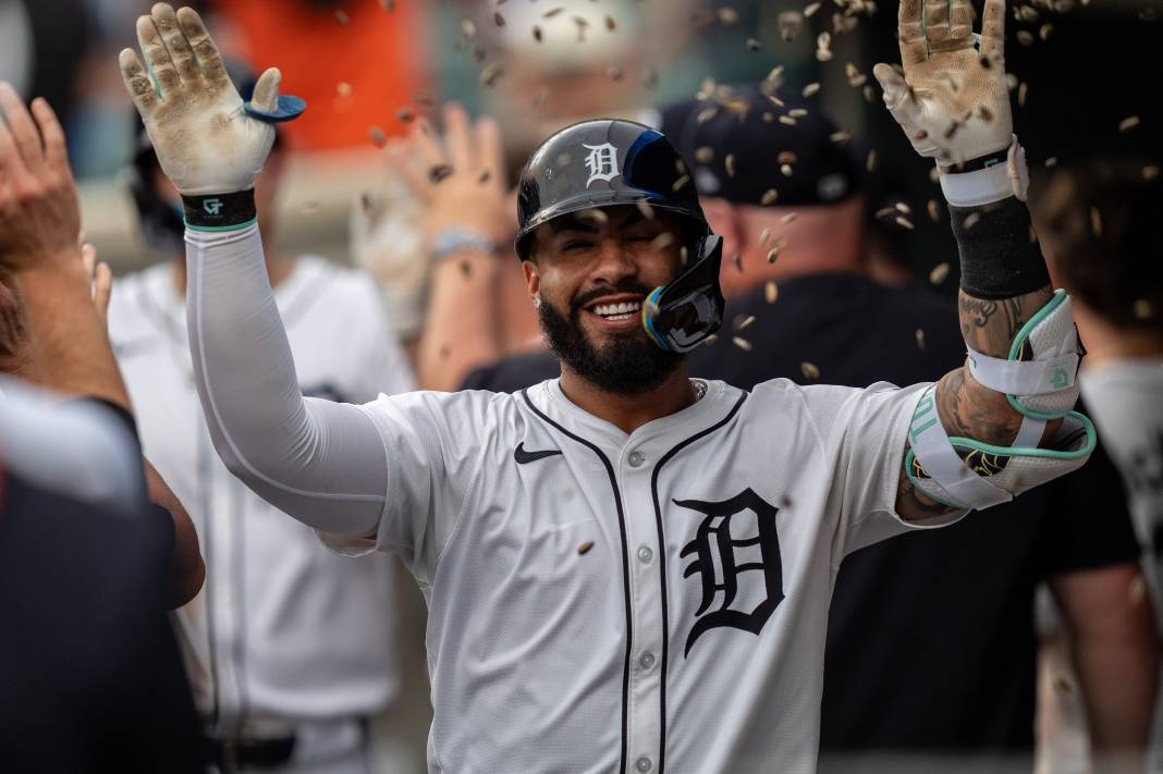 Syndication: Detroit Free Press Detroit Tigers second baseman Gleyber Torres celebrates in the dugout after scoring a home run against the Athletics at Comerica Park in Detroit on Thursday, June 26, 2025.