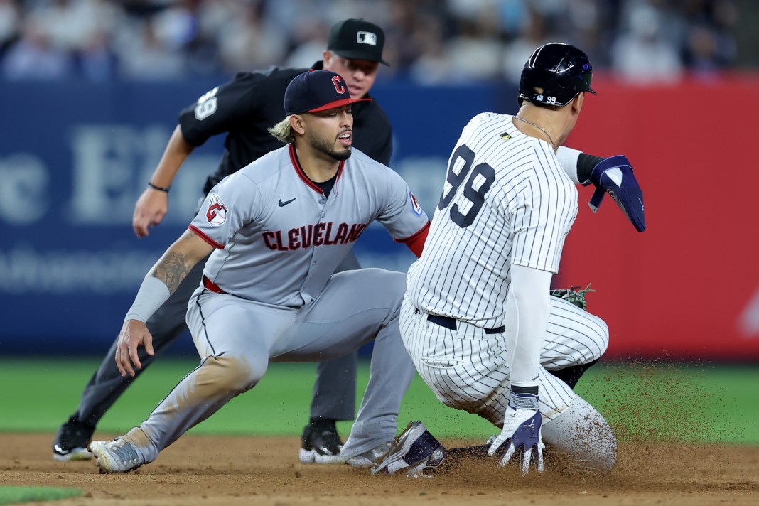 MLB: Cleveland Guardians at New York Yankees Cleveland Guardians shortstop Gabriel Arias (13) tags out New York Yankees right fielder Aaron Judge (99) trying to steal second base during the eighth inning at Yankee Stadium in Bronx, New York, on June 3, 2025.