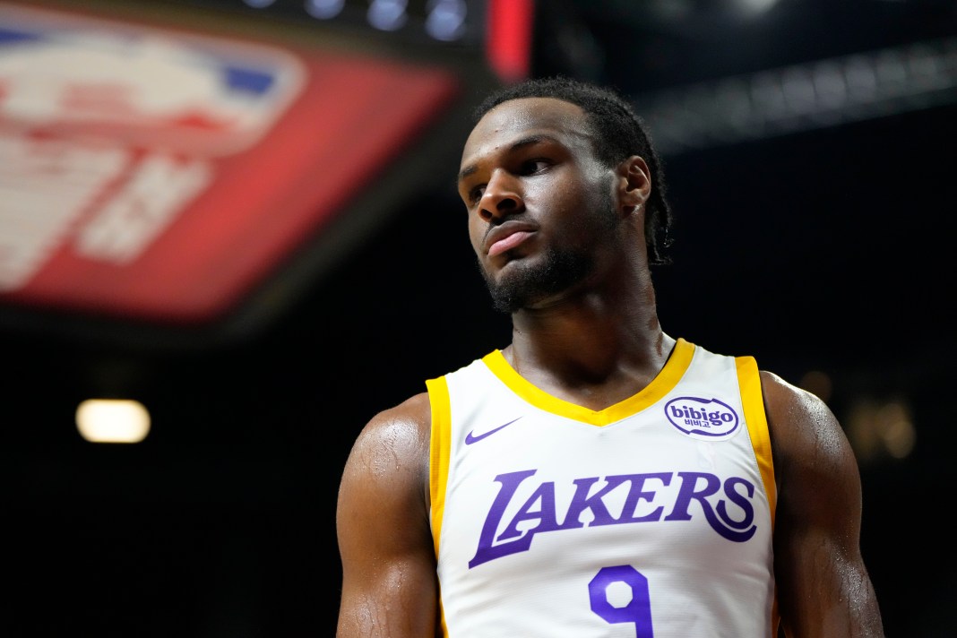 Los Angeles Lakers guard Bronny James (9) competes against the Boston Celtics during the second half at Thomas & Mack Center in Las Vegas on July 15, 2024.