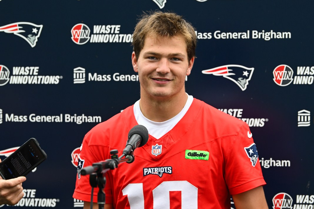 New England Patriots quarterback Drake Maye (10) holds a press conference after minicamp at Gillette Stadium in Foxborough, MA, on June 9, 2025.