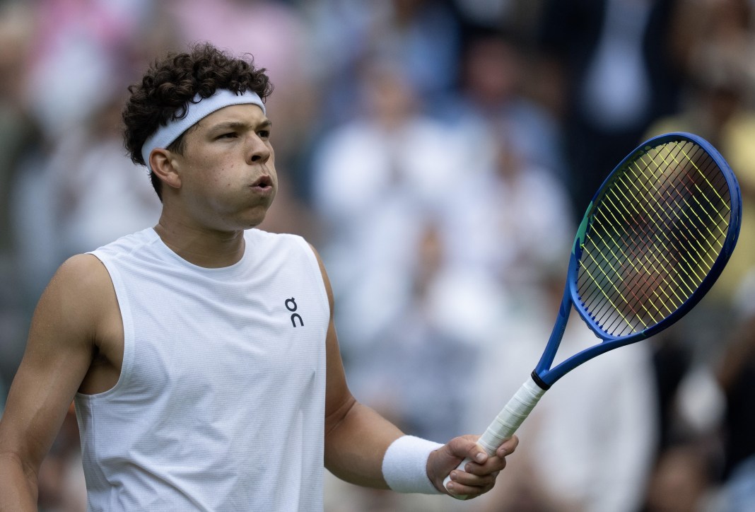 Tennis: Wimbledon Championships Ben Shelton celebrates a win over Marton Fucsovics in Wimbledon in 2025.