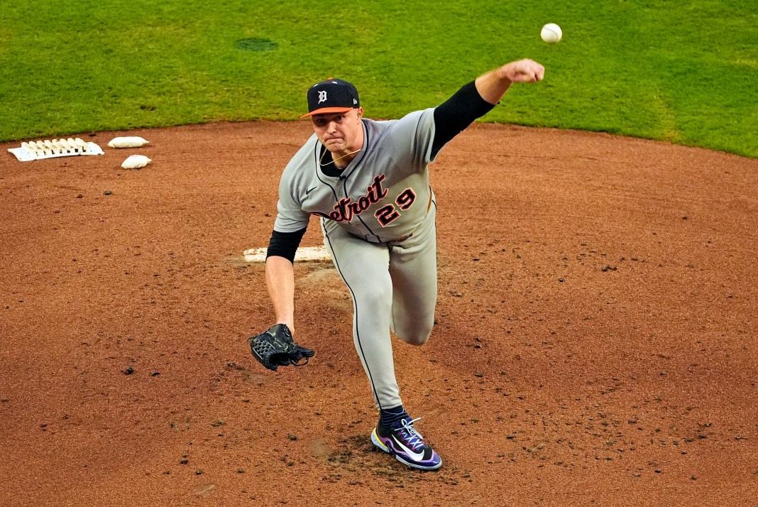 American League pitcher Tarik Skubal (29) of the Detroit Tigers pitches during the first inning of the 2025 MLB All-Star Game at Truist Park in Cumberland, Georgia, on July 15, 2025. Mandatory Credit: Dale Zanine-Imagn Images.