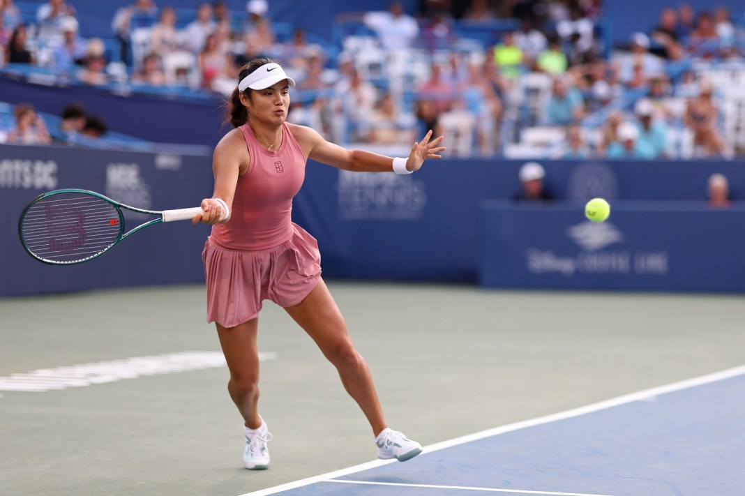 Emma Raducanu hits a forehand against Anna Kalinskaya at the 2025 Mubadala Citi DC Open in Washington DC.