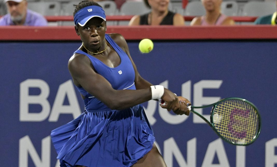 Tennis: National Bank Open Victoria Mboko hits a backhand against Sofia Kenin at the 2025 National Bank Open in Montreal.