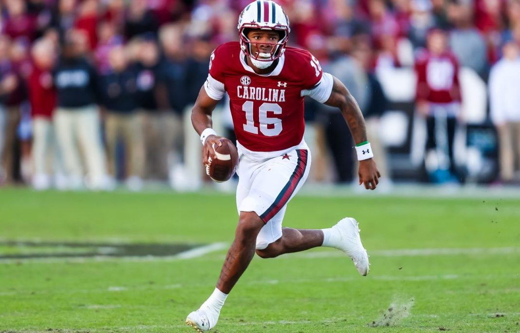 South Carolina quarterback LaNorris Sellers looks to make a play against Wake Forest during the 2024 college football season.