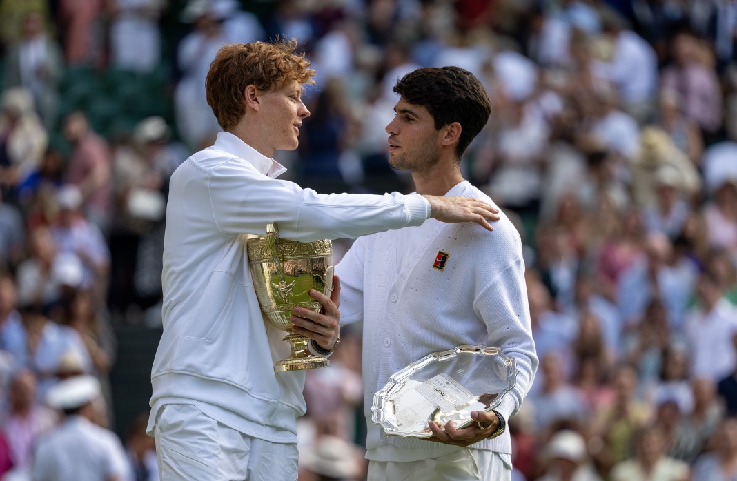 Jannik Sinner and Carlos Alcaraz meet after the 2025 Wimbledon final.