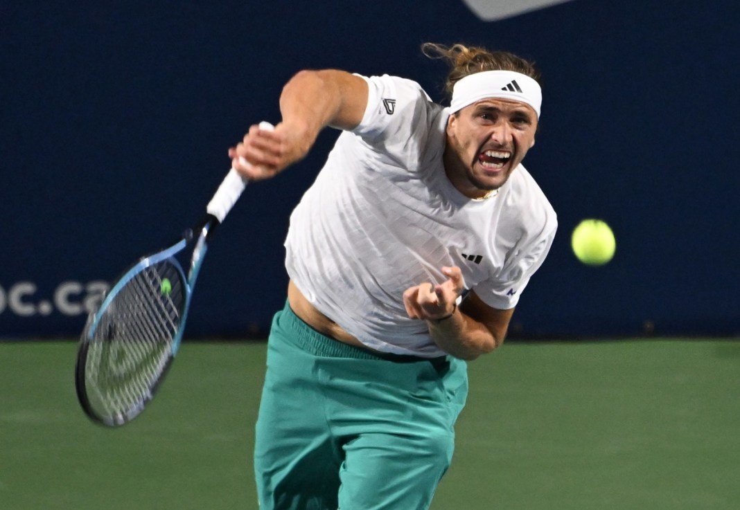 Alexander Zverev serves against Matteo Arnaldi at the 2025 National Bank Open in Toronto.