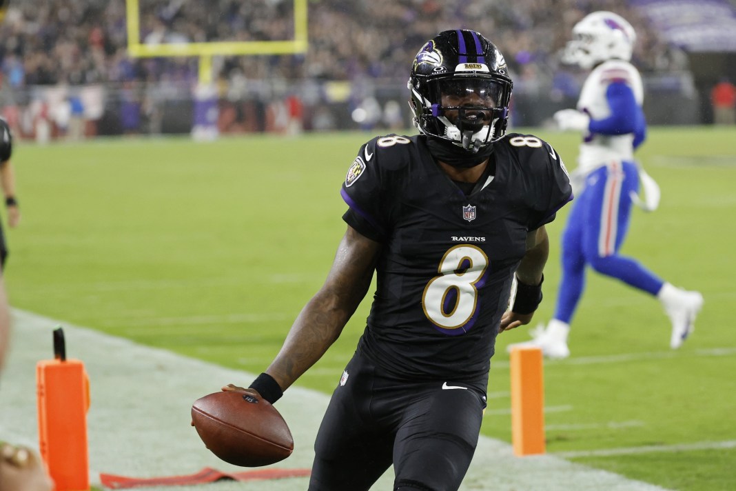 Ravens superstar Lamar Jackson celebrates a touchdown against the Bills during the 2024 NFL season.