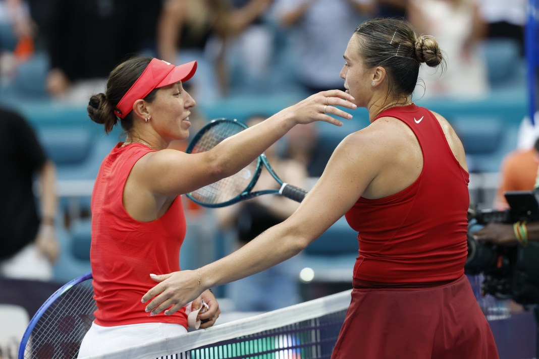 Jessica Pegula and Aryna Sabalenka meet at the net after the 2025 Miami Open finals.