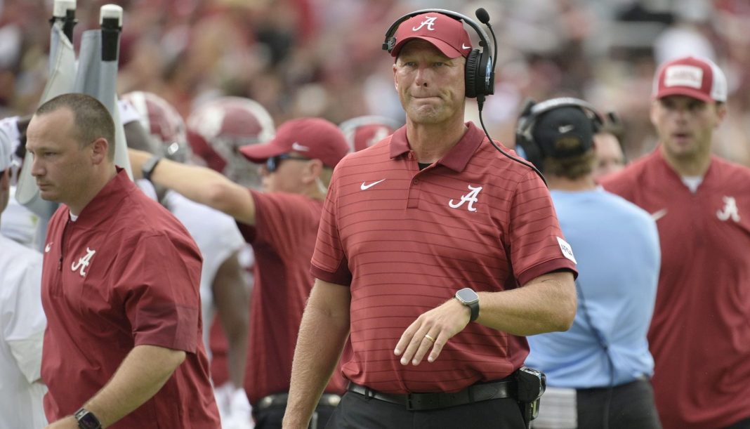 Alabama head coach Kalen DeBoer looks puzzled as his team loses to Florida State in Week 1 of the 2025 college football season.