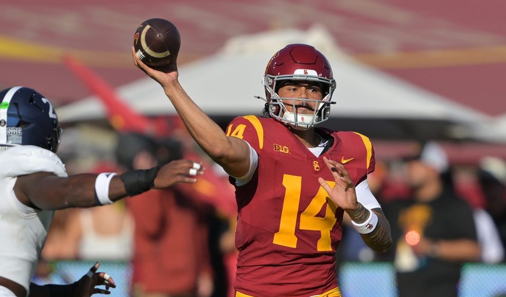 USC quarterback Jayden Maiava throws a pass against Georgia Southern during the 2025 college football season.