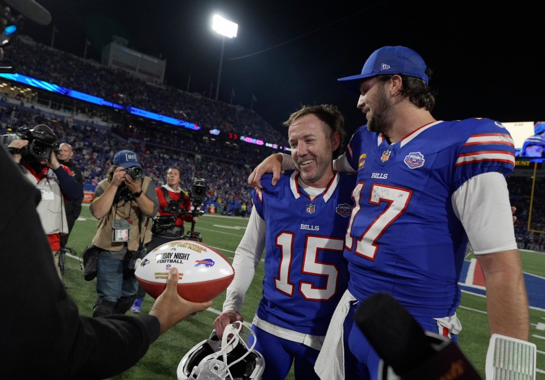 Bills quarterback Josh Allen celebrates with Matt Prater after a Week 1 win over the Ravens in the 2025 NFL season.