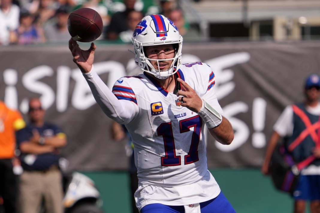 Bills superstar Josh Allen throws a pass against the Jets during the 2025 NFL season.