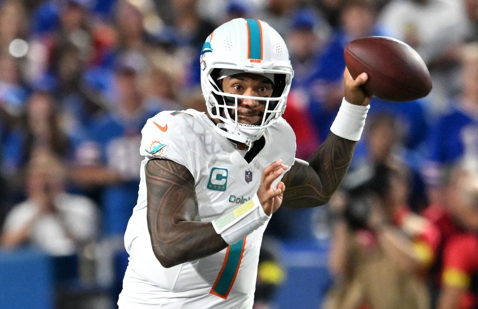 Dolphins quarterback Tua Tagovailoa looks to throw against the Bills during the 2025 NFL season.