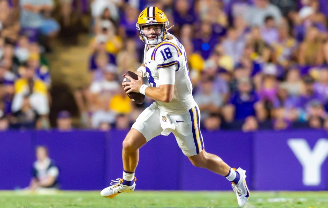 LSU quarterback Garrett Nussmeier looks to make a play against Southeastern Louisiana during the 2025 college football season.