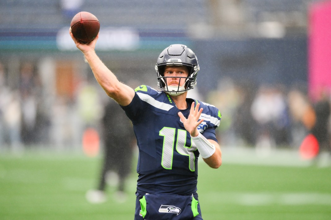 Seahawks quarterback Sam Darnold throws against the Saints during the 2025 NFL season.