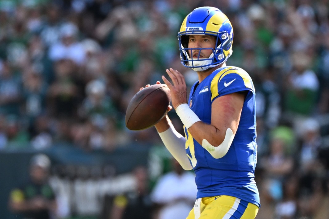 Rams quarterback Matthew Stafford drops back against the Eagles during the 2025 NFL season.