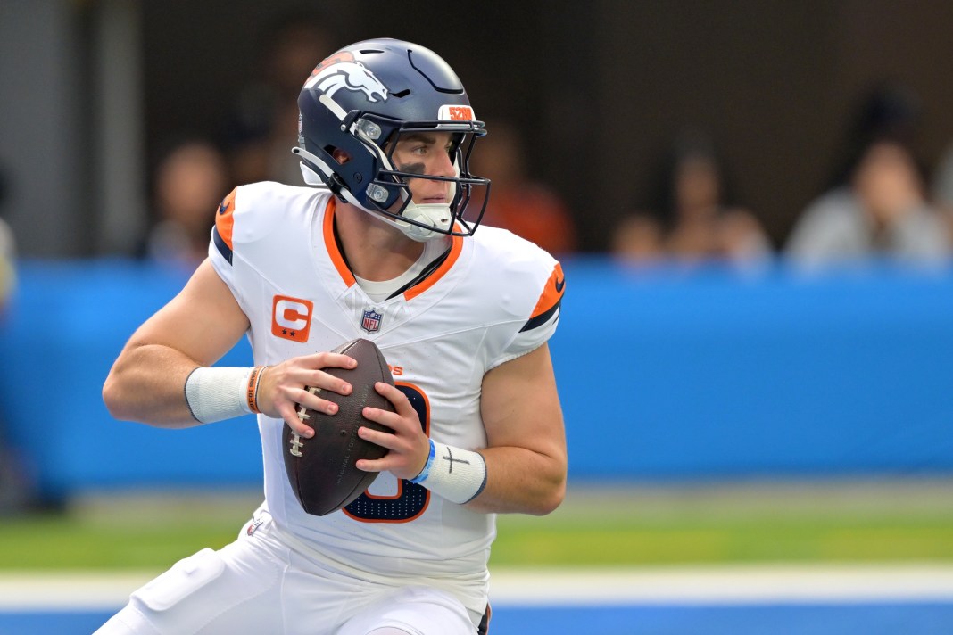 NFL: Denver Broncos at Los Angeles Chargers Broncos quarterback Bo Nix looks to throw against the Chargers during the 2025 season.