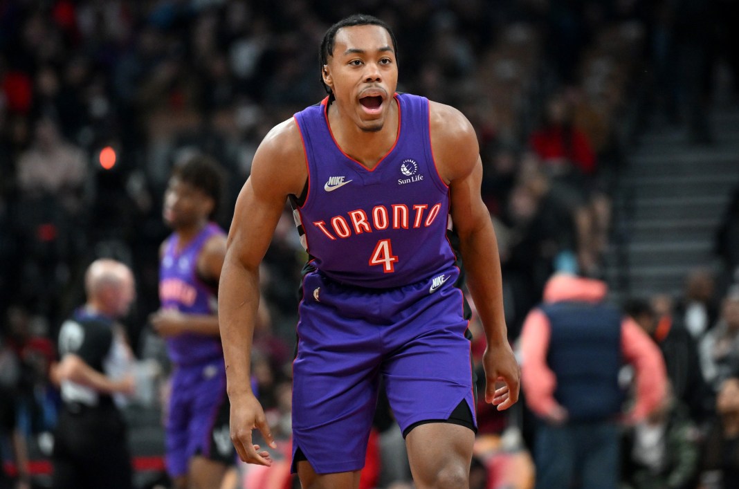 Raptors star Scottie Barnes celebrates a play during the 2024-25 NBA season.
