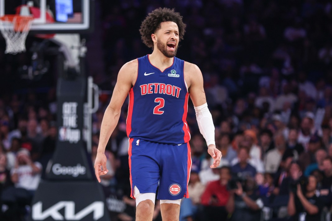 Pistons star Cade Cunningham reacts to a play against the Knicks during the 2024-25 NBA Playoffs.