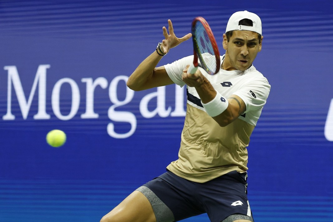 Alejandro Tabilo hits a forehand against Alexander Zverev at the 2025 US Open.