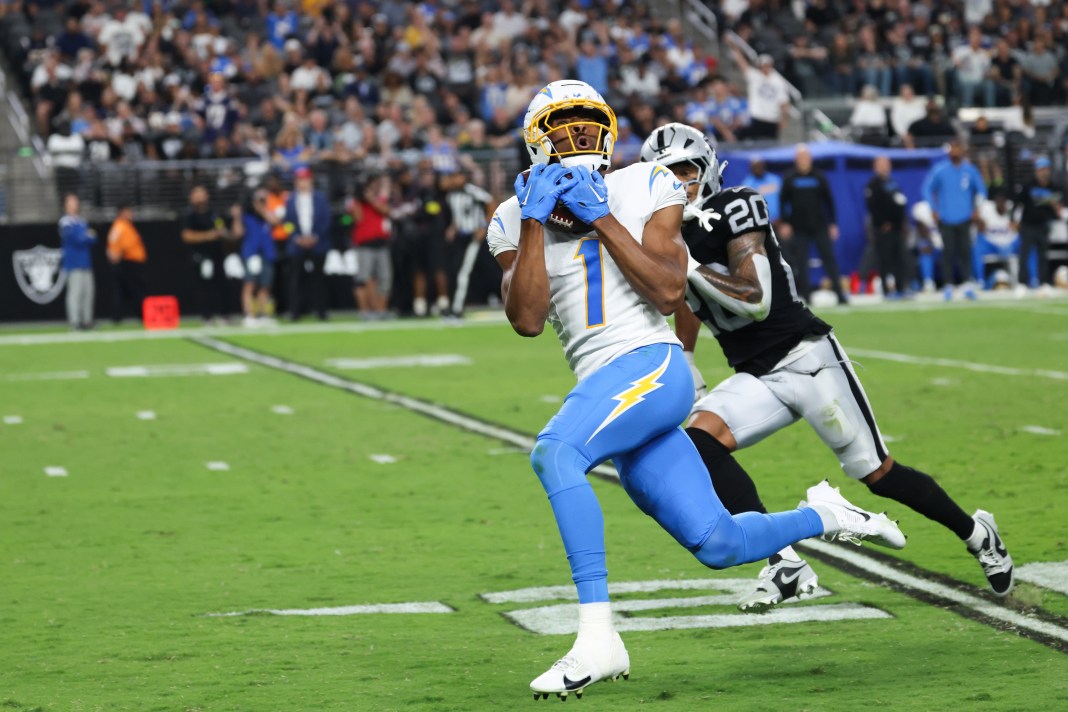 Chargers wide receiver Quentin Johnston catches a pass against the Raiders during the 2025 NFL season.