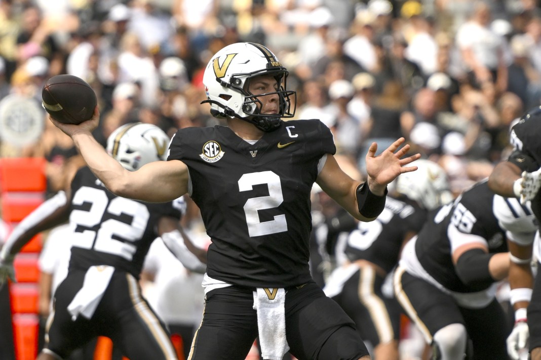 Vanderbilt star Diego Pavia looks to throw against Utah State during the 2025 college football season.