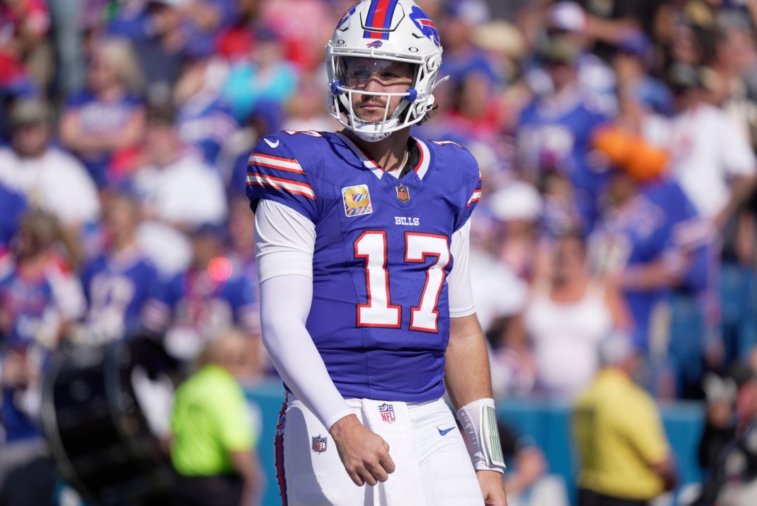 Bills quarterback Josh Allen looks around against the Saints during the 2025 NFL season.