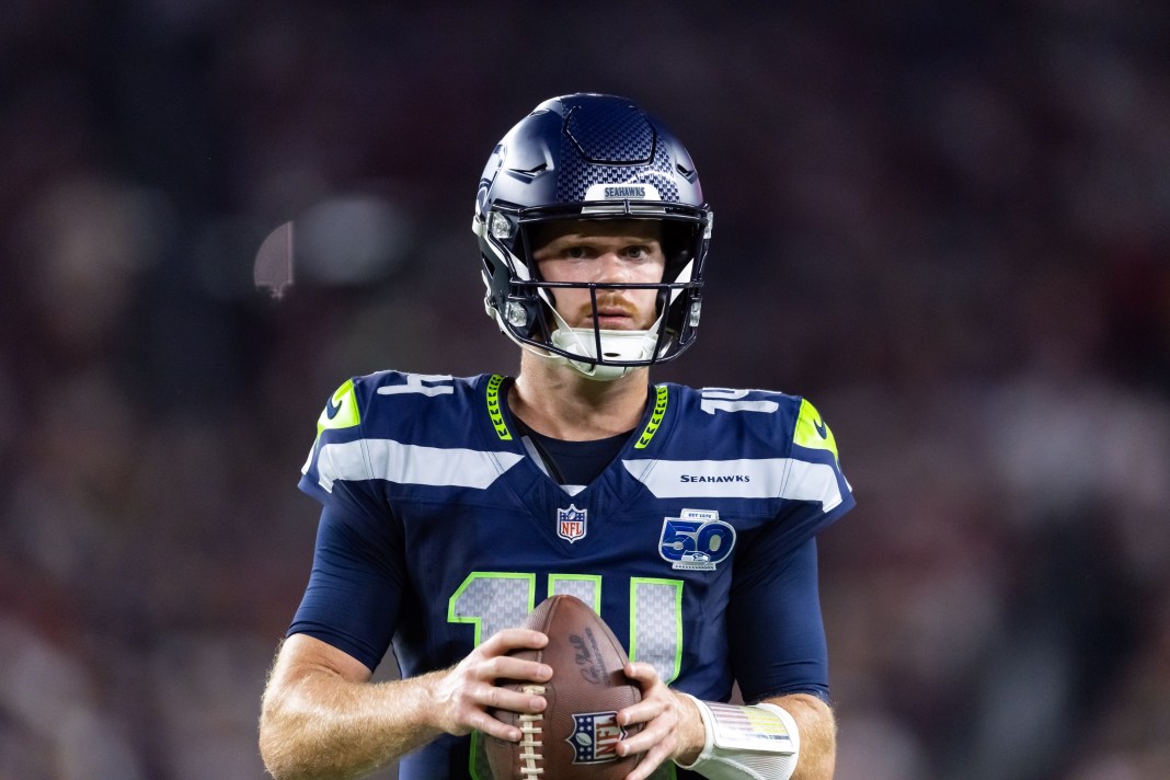 Seahawks quarterback Sam Darnold looks to throw against the Cardinals during the 2025 NFL season.