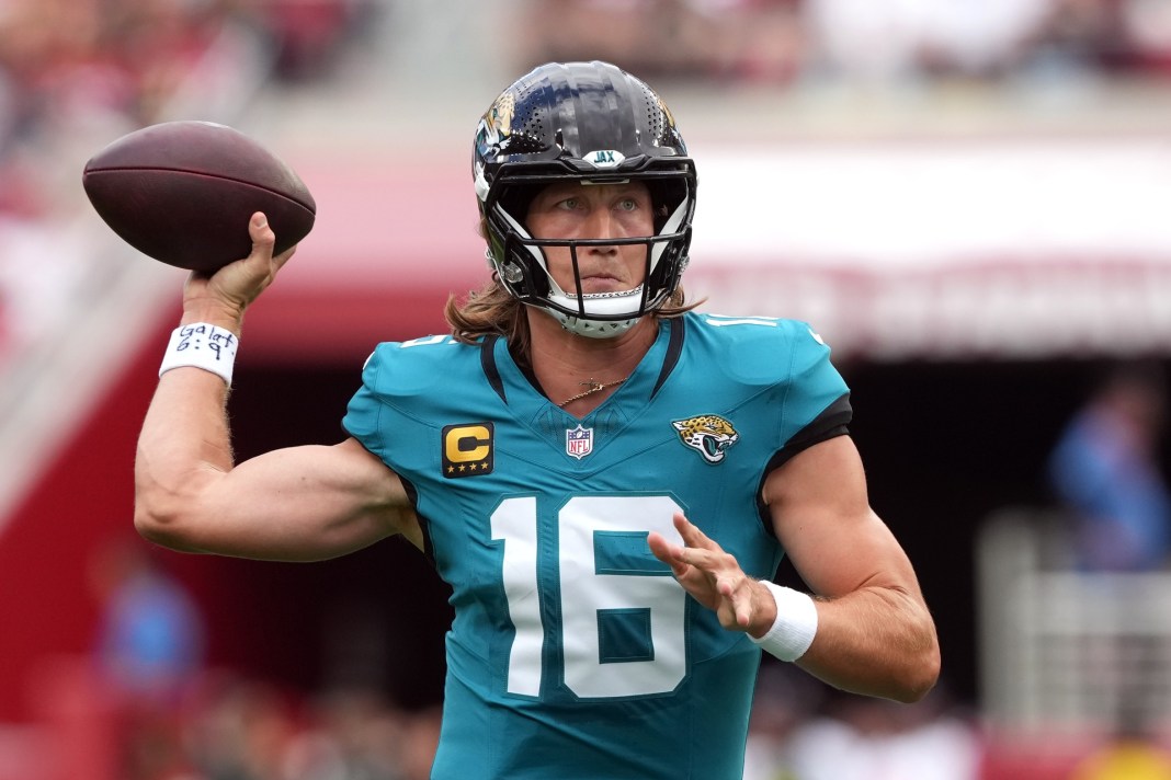 Jaguars quarterback Trevor Lawrence throws a pass against the 49ers during the 2025 NFL season.