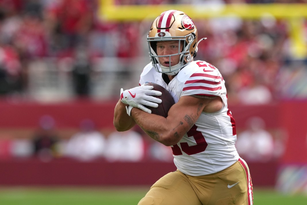 Niners star Christian McCaffrey runs against the Jaguars during the 2025 NFL season.