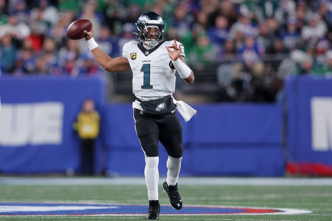 Eagles quarterback Jalen Hurts throws a pass against the Giants during the 2025 NFL season.