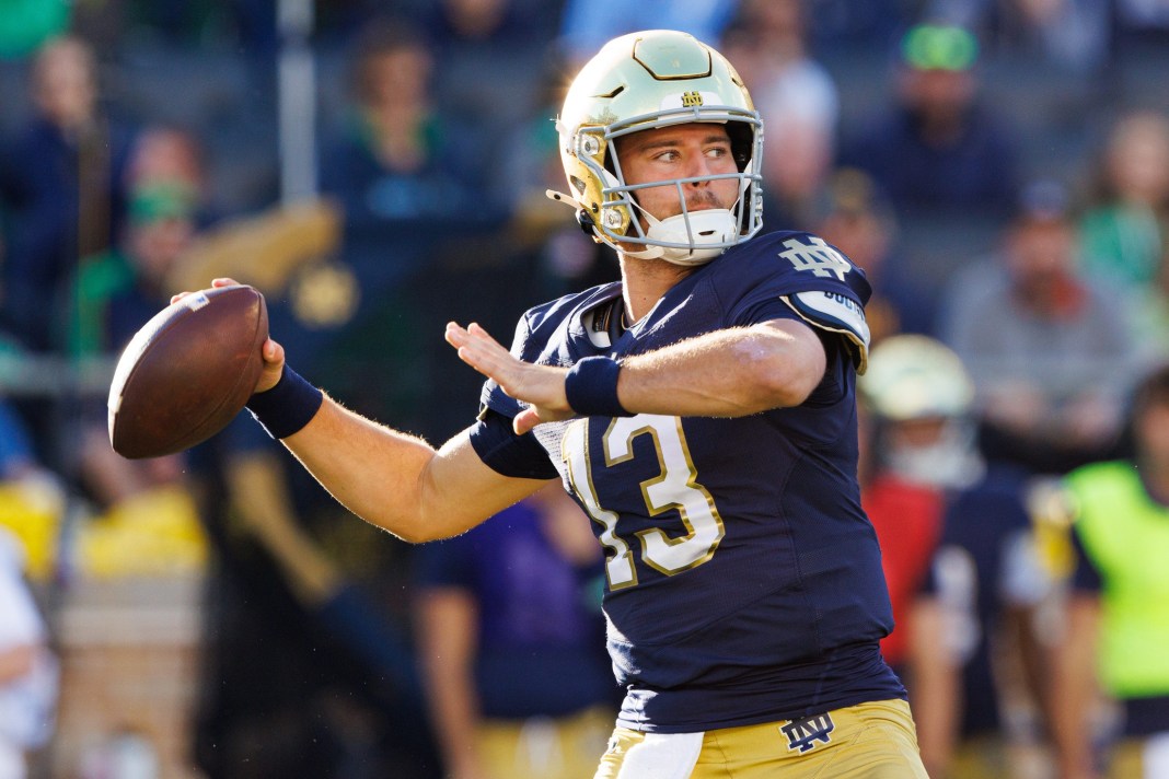 Notre Dame quarterback CJ Carr throws a pass against NC State during the 2025 college football season.