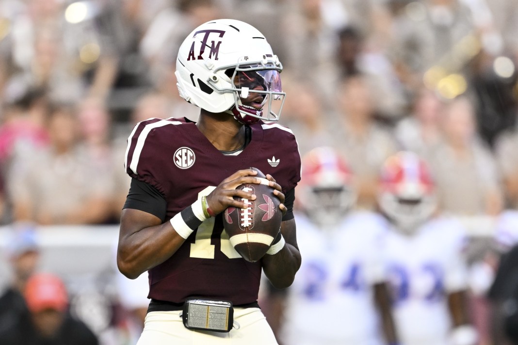 Texas A&M star Marcel Reed looks to pass against Florida during the 2025 college football season.