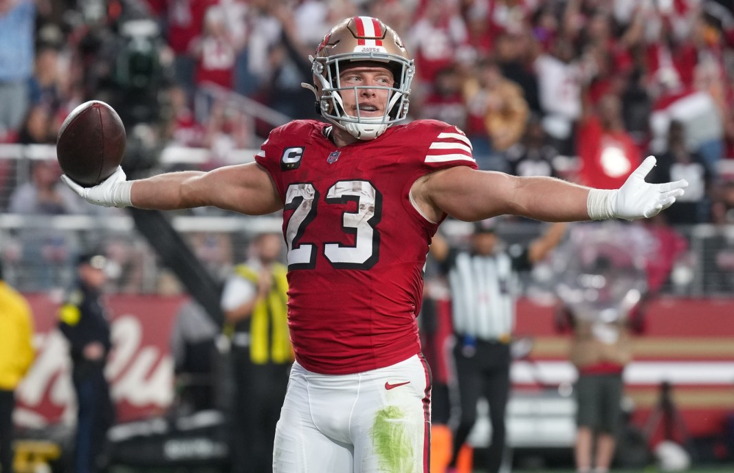 49ers star Christian McCaffrey celebrates a touchdown against the Falcons during the 2025 NFL season.