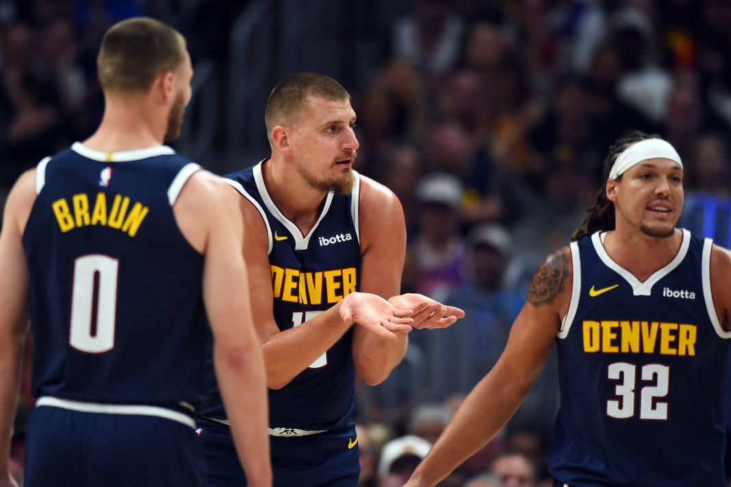 Nuggets superstar Nikola Jokic pleads with the refs during a game against the Suns in the 2025-26 NBA season.
