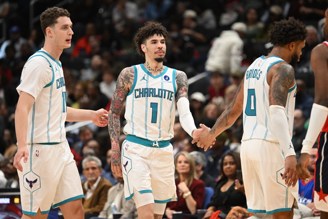 NBA: Charlotte Hornets at Washington Wizards Hornets star LaMelo Ball walks to the huddle in a meeting with the Wizards during the 2025-26 NBA season.