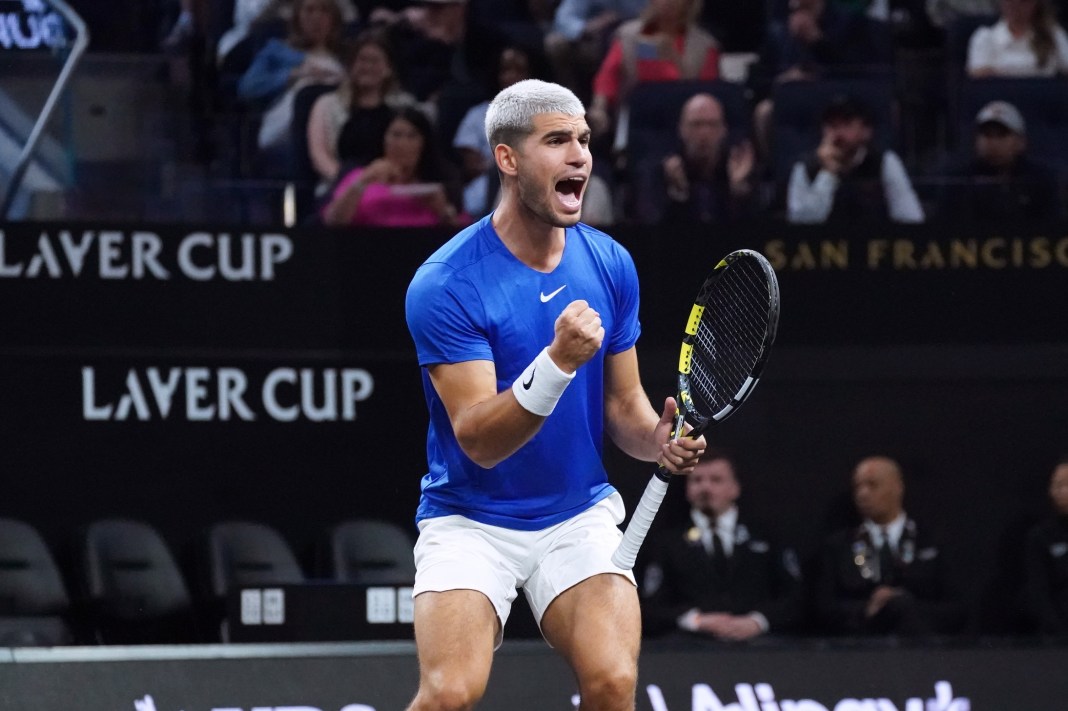 Carlos Alcaraz celebrates a point in a doubles match with Casper Ruud at the 2025 Laver Cup.