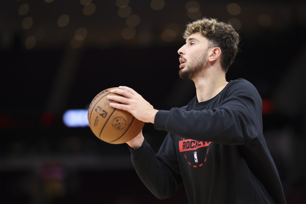 NBA: Preseason-Atlanta Hawks at Houston Rockets Rockets star Alperen Sengun warms up against the Hawks during the 2025-26 NBA preseason.