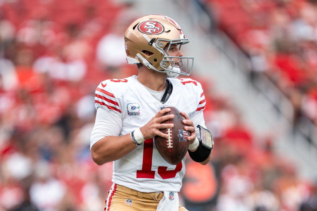 49ers star Brock Purdy looks to throw against the Jaguars during the 2025 NFL season.