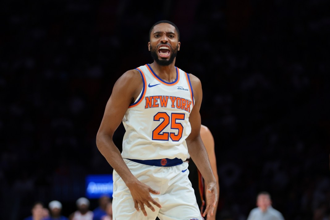 NBA: New York Knicks at Miami Heat Knicks wing Mikal Bridges reacts to a play against the Heat during the 2025-26 NBA season.