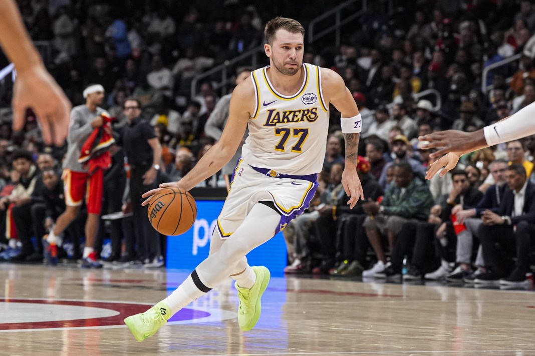 Lakers superstar Luka Doncic drives against the Hawks during the 2025-26 NBA season.
